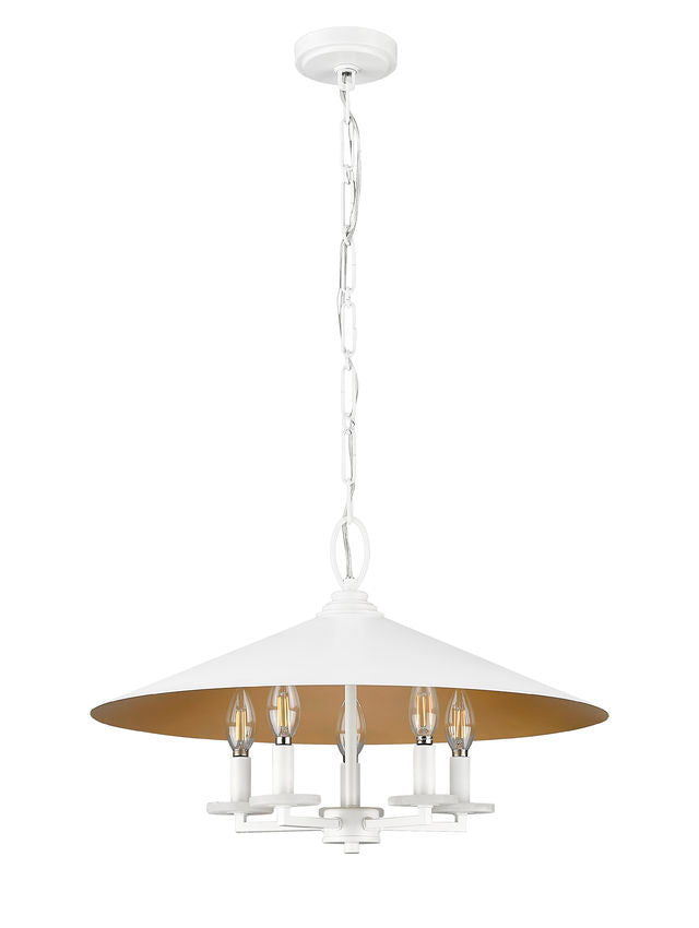 Z-Lite Rialto 22" 5-Light Candelabra Matte White Steel With Signature Rubbed Brass Inner Shade Pendant Light