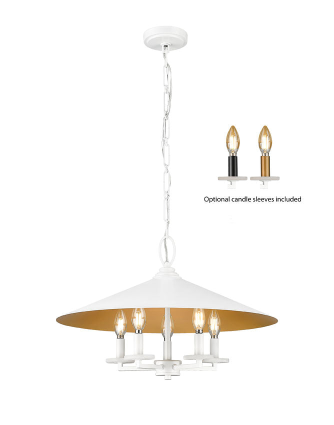 Z-Lite Rialto 22" 5-Light Candelabra Matte White Steel With Signature Rubbed Brass Inner Shade Pendant Light