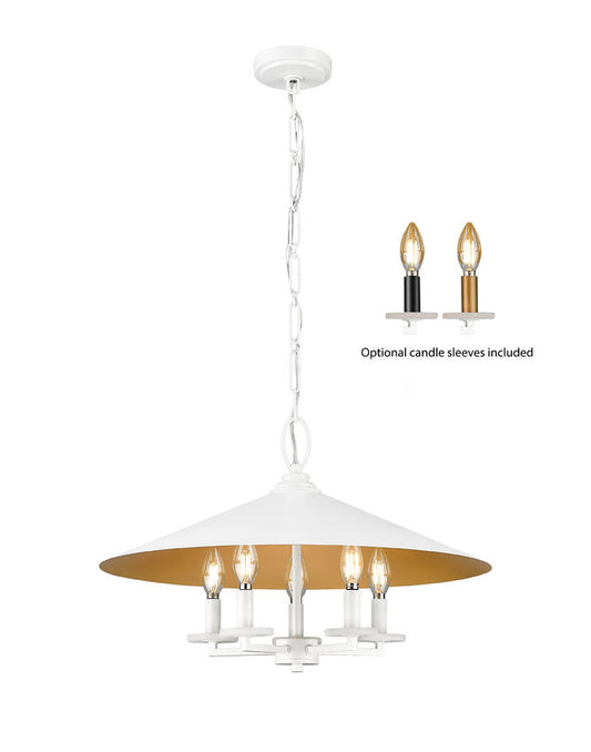 Z-Lite Rialto 22" 5-Light Candelabra Matte White Steel With Signature Rubbed Brass Inner Shade Pendant Light