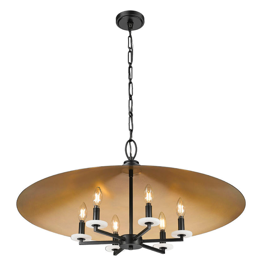 Z-Lite Rialto 32" 6-Light Candelabra Matte Black Steel With Signature Rubbed Brass Inner Shade Pendant Light