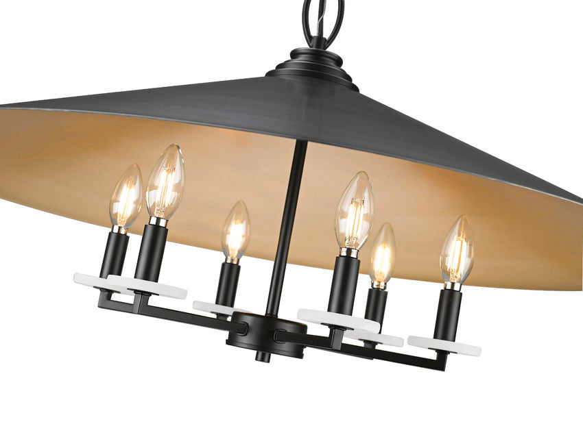 Z-Lite Rialto 32" 6-Light Candelabra Matte Black Steel With Signature Rubbed Brass Inner Shade Pendant Light
