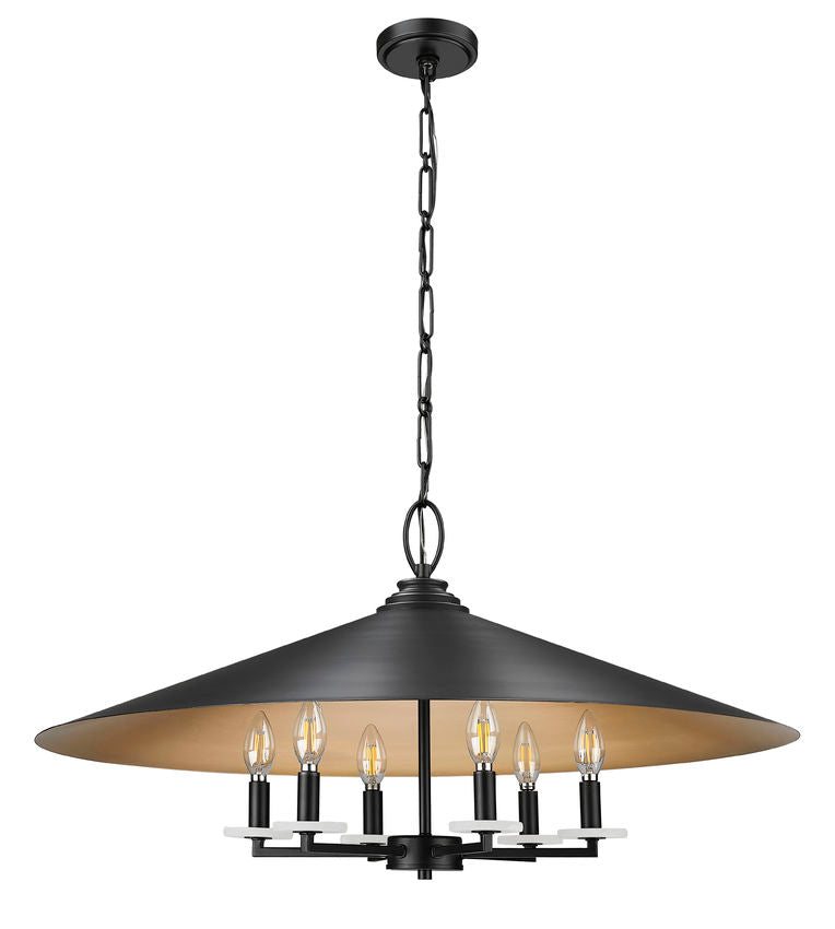 Z-Lite Rialto 32" 6-Light Candelabra Matte Black Steel With Signature Rubbed Brass Inner Shade Pendant Light