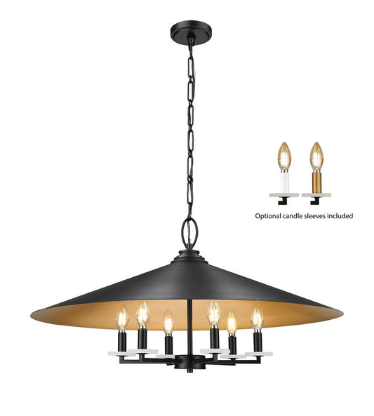 Z-Lite Rialto 32" 6-Light Candelabra Matte Black Steel With Signature Rubbed Brass Inner Shade Pendant Light