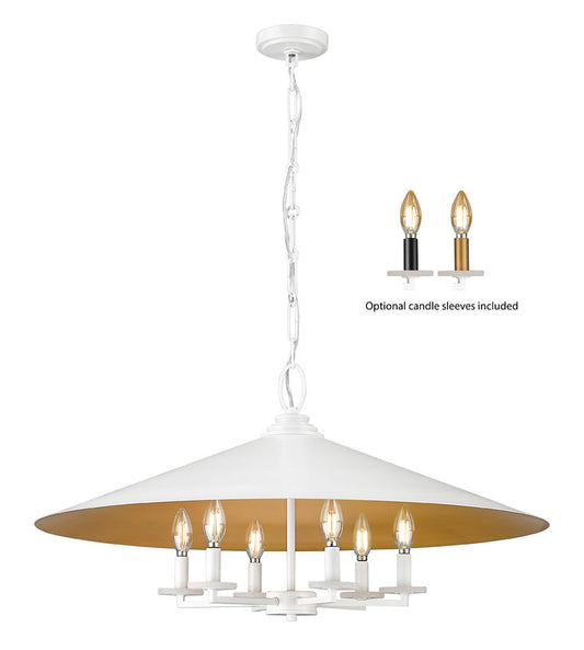 Z-Lite Rialto 32" 6-Light Candelabra Matte White Steel With Signature Rubbed Brass Inner Shade Pendant Light