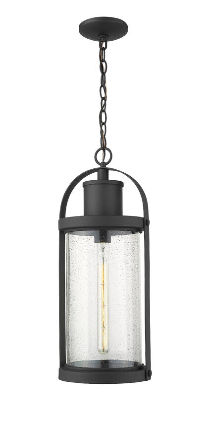 Z-Lite Roundhouse 10" 1-Light Black Aluminum Outdoor Chain Mount Ceiling Fixture With Clear Seedy Glass Shade