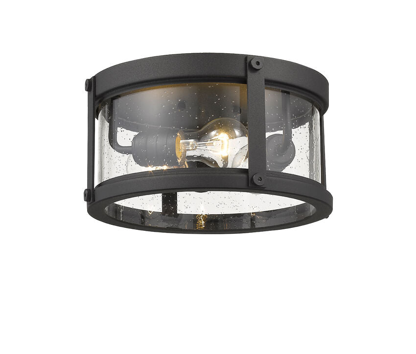 Z-Lite Roundhouse 12" 3-Light Black Aluminum Outdoor Flush Mount With Clear Seedy Glass Shade