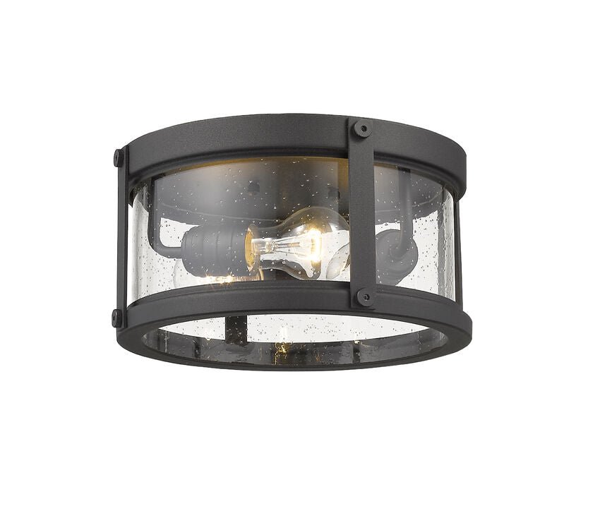 Z-Lite Roundhouse 12" 3-Light Black Aluminum Outdoor Flush Mount With Clear Seedy Glass Shade