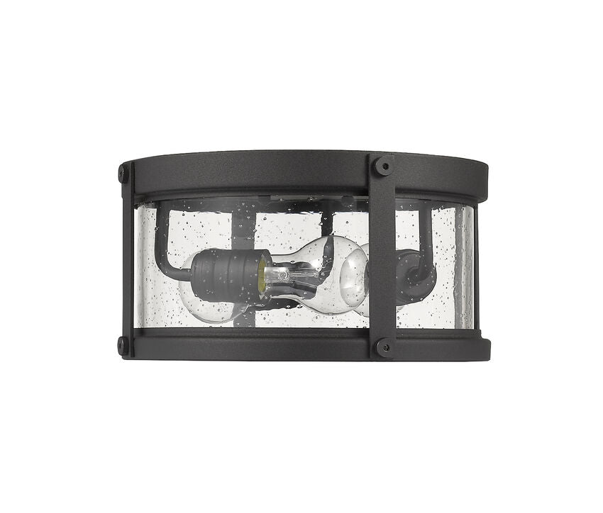 Z-Lite Roundhouse 12" 3-Light Black Aluminum Outdoor Flush Mount With Clear Seedy Glass Shade