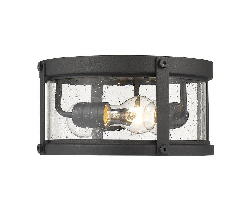 Z-Lite Roundhouse 12" 3-Light Black Aluminum Outdoor Flush Mount With Clear Seedy Glass Shade