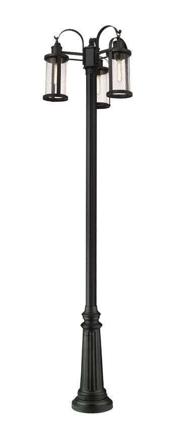 Z-Lite Roundhouse 3-Light Black Aluminum Frame Clear Seedy Glass Shade Outdoor Post Mounted Fixture