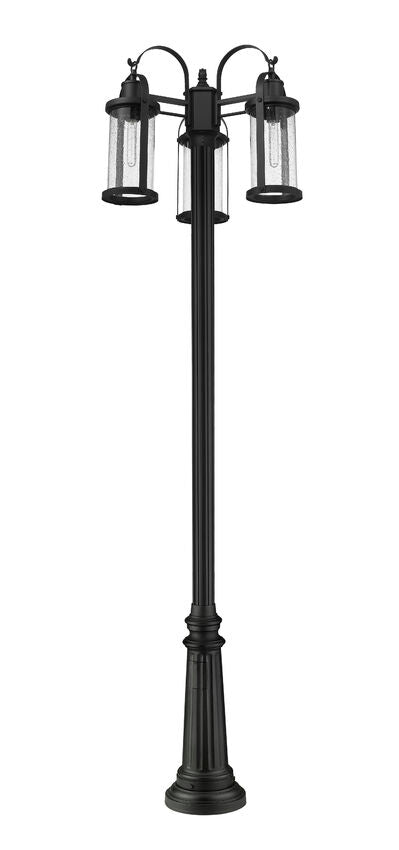 Z-Lite Roundhouse 3-Light Black Aluminum Frame Clear Seedy Glass Shade Outdoor Post Mounted Fixture