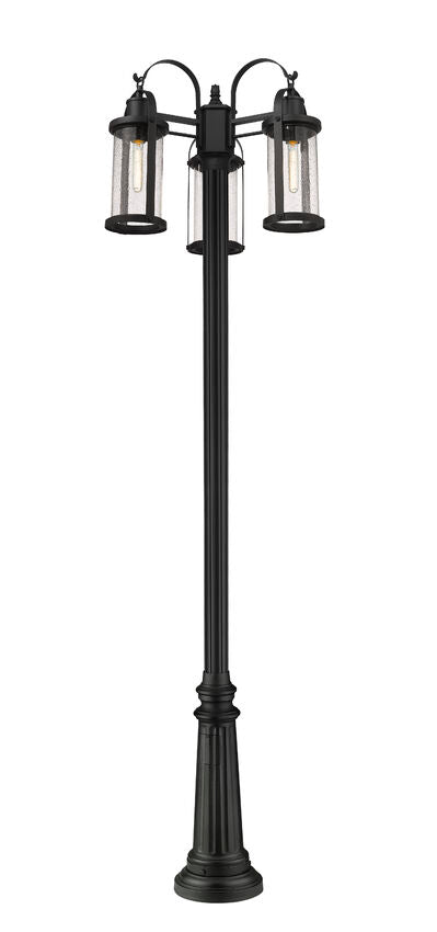 Z-Lite Roundhouse 3-Light Black Aluminum Frame Clear Seedy Glass Shade Outdoor Post Mounted Fixture