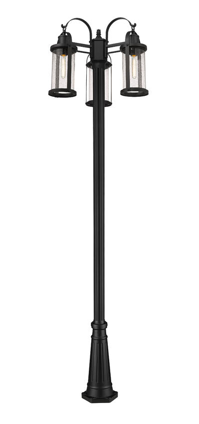 Z-Lite Roundhouse 569MP3-519P-BK 3-Light Black Aluminum Frame Clear Seedy Glass Shade Outdoor Post Mounted Fixture