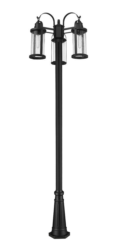 Z-Lite Roundhouse 569MP3-519P-BK 3-Light Black Aluminum Frame Clear Seedy Glass Shade Outdoor Post Mounted Fixture