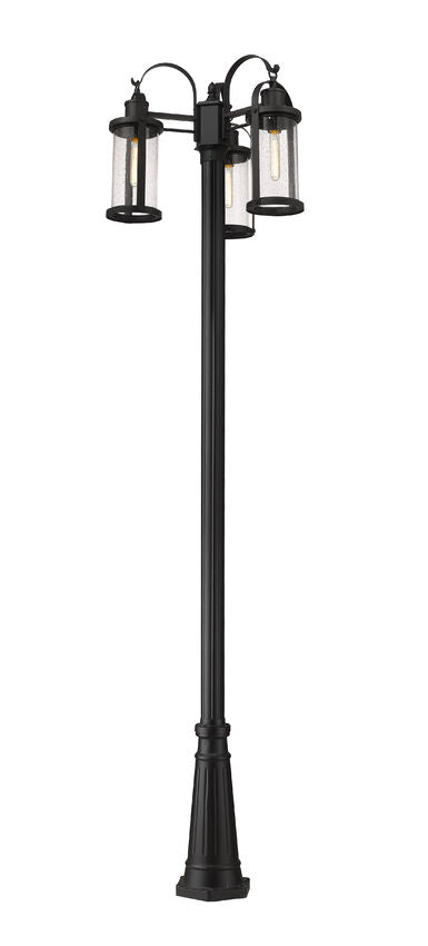 Z-Lite Roundhouse 569MP3-519P-BK 3-Light Black Aluminum Frame Clear Seedy Glass Shade Outdoor Post Mounted Fixture