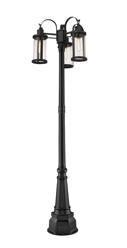 Z-Lite Roundhouse 569MP3-564P-BK 3-Light Black Aluminum Frame Clear Seedy Glass Shade Outdoor Post Mounted Fixture