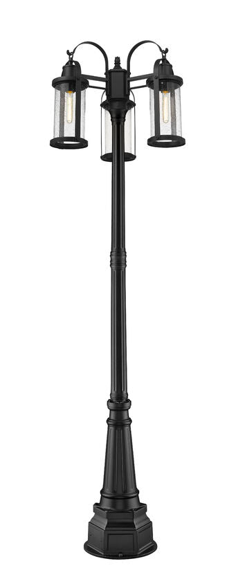 Z-Lite Roundhouse 569MP3-564P-BK 3-Light Black Aluminum Frame Clear Seedy Glass Shade Outdoor Post Mounted Fixture
