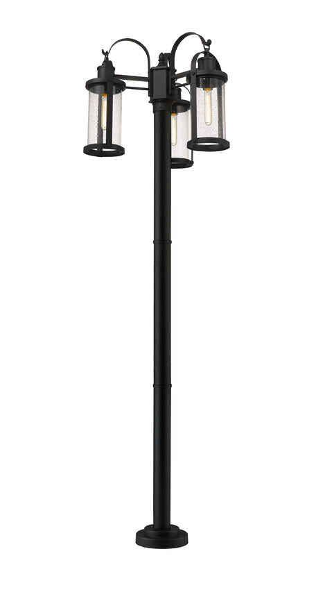 Z-Lite Roundhouse 569MP3-567P-BK 3-Light Black Aluminum Frame Clear Seedy Glass Shade Outdoor Post Mounted Fixture