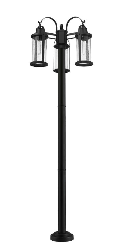 Z-Lite Roundhouse 569MP3-567P-BK 3-Light Black Aluminum Frame Clear Seedy Glass Shade Outdoor Post Mounted Fixture
