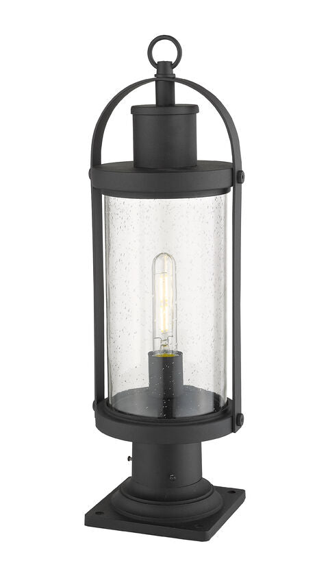 Z-Lite Roundhouse 8" W x 23" H 1-Light Black Outdoor Post Mount Fixture and Square Pier Mount With Clear Seedy Glass Shade