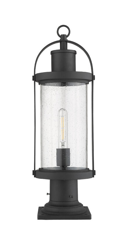 Z-Lite Roundhouse 8" W x 23" H 1-Light Black Outdoor Post Mount Fixture and Square Pier Mount With Clear Seedy Glass Shade