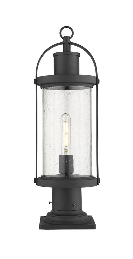 Z-Lite Roundhouse 8" W x 23" H 1-Light Black Outdoor Post Mount Fixture and Square Pier Mount With Clear Seedy Glass Shade