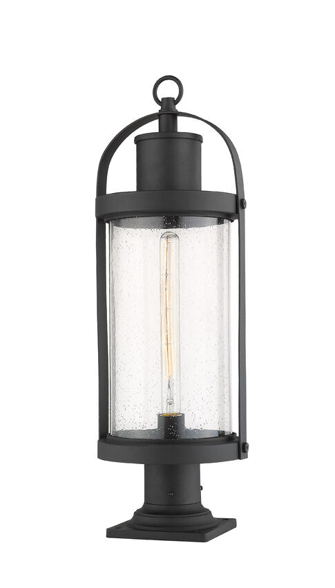 Z-Lite Roundhouse 9" W x 27" H 1-Light Black Outdoor Post Mount Fixture and Square Pier Mount With Clear Seedy Glass Shade