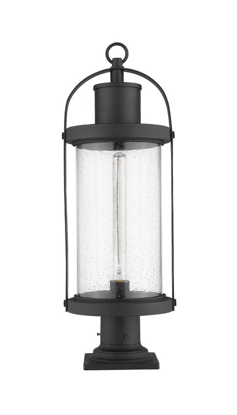 Z-Lite Roundhouse 9" W x 27" H 1-Light Black Outdoor Post Mount Fixture and Square Pier Mount With Clear Seedy Glass Shade