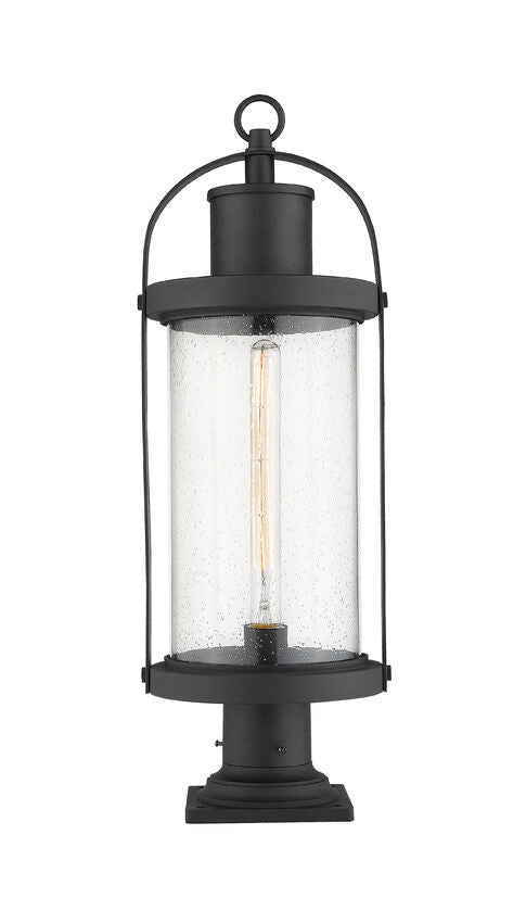 Z-Lite Roundhouse 9" W x 27" H 1-Light Black Outdoor Post Mount Fixture and Square Pier Mount With Clear Seedy Glass Shade
