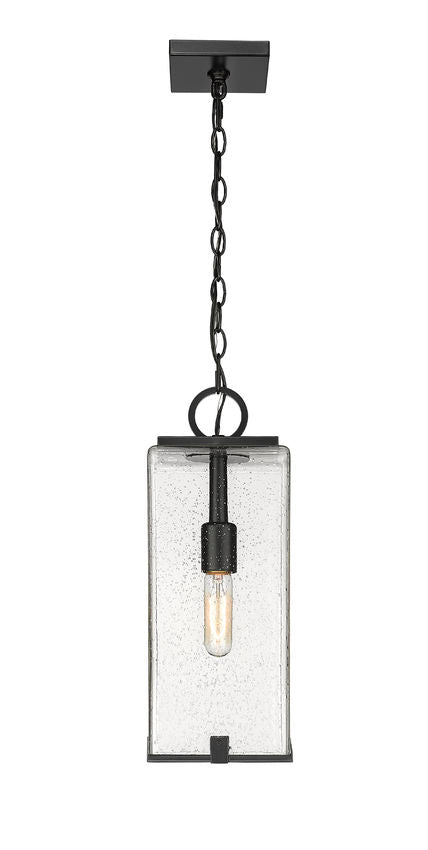 Z-Lite Sana 7" 1-Light Black Aluminum Outdoor Chain Mount Ceiling Fixture With Seedy Glass Shade