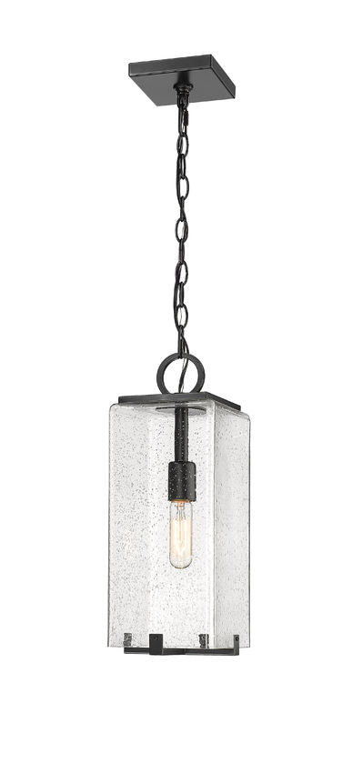Z-Lite Sana 7" 1-Light Black Aluminum Outdoor Chain Mount Ceiling Fixture With Seedy Glass Shade