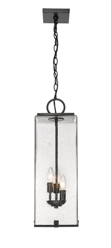 Z-Lite Sana 8" 3-Light Black Aluminum Outdoor Chain Mount Ceiling Fixture With Seedy Glass Shade