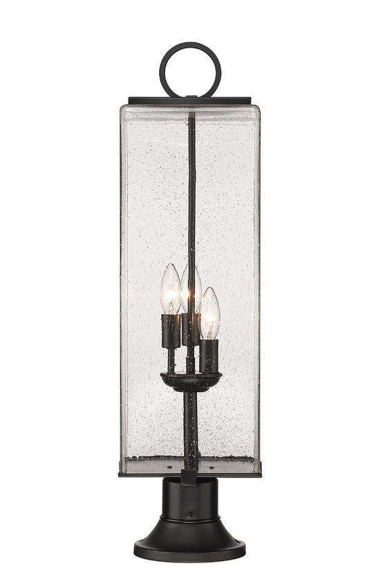 Z-Lite Sana 9" W x 29" H 3-Light Black Outdoor Pier Mounted Fixture and Round Pier Mount Hardware With Seedy Glass Shade