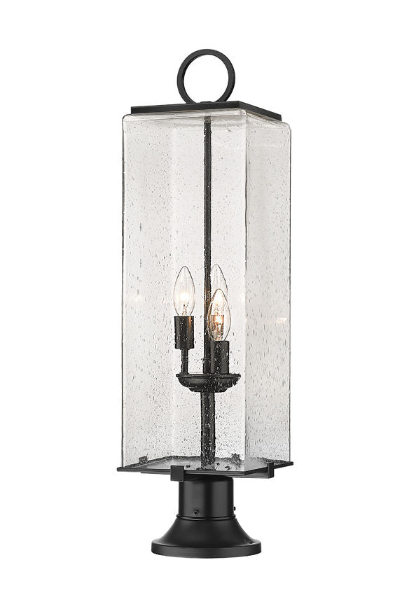Z-Lite Sana 9" W x 29" H 3-Light Black Outdoor Pier Mounted Fixture and Round Pier Mount Hardware With Seedy Glass Shade