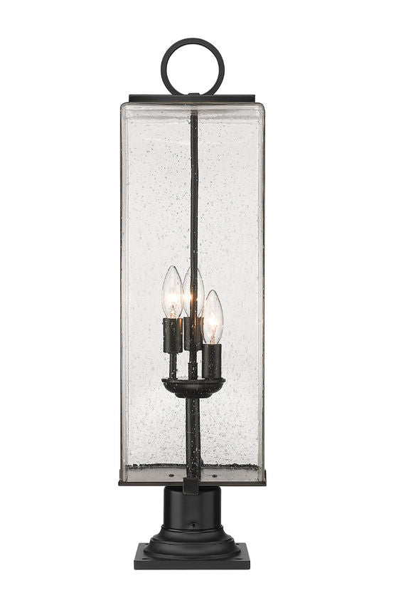 Z-Lite Sana 9" W x 29" H 3-Light Black Outdoor Pier Mounted Fixture and Square Pier Mount Hardware With Seedy Glass Shade