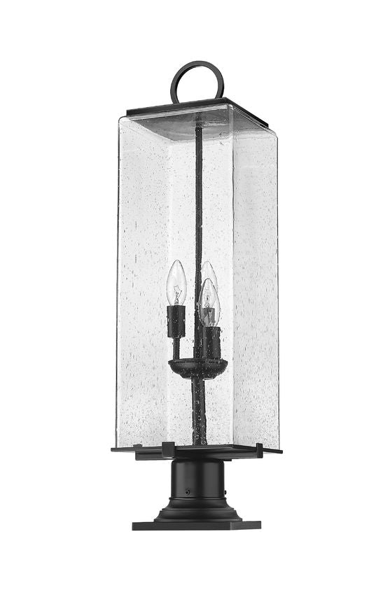 Z-Lite Sana 9" W x 29" H 3-Light Black Outdoor Pier Mounted Fixture and Square Pier Mount Hardware With Seedy Glass Shade
