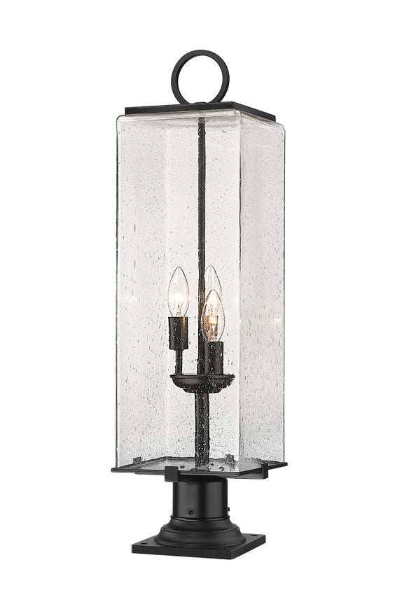 Z-Lite Sana 9" W x 29" H 3-Light Black Outdoor Pier Mounted Fixture and Square Pier Mount Hardware With Seedy Glass Shade