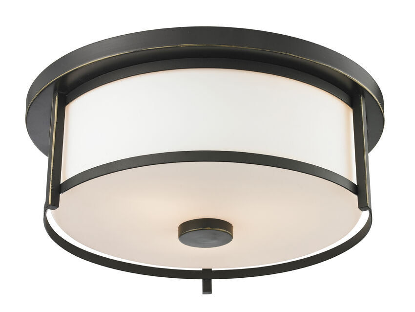 Z-Lite Savannah 14" 2-Light Olde Bronze Flush Mount Lighting With Matte Opal Glass Shade