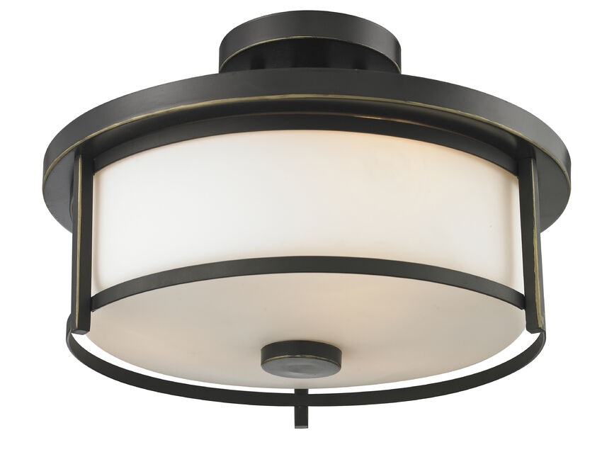 Z-Lite Savannah 14" 2-Light Olde Bronze Semi Flush Mount With Matte Opal Glass Shade