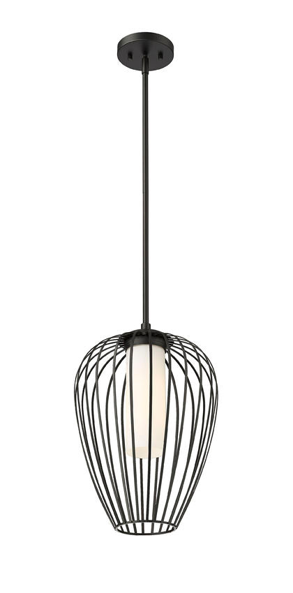 Z-Lite Savanti 12" 1-Light Matte Black Steel and White Opal Glass Shade Pendant Light