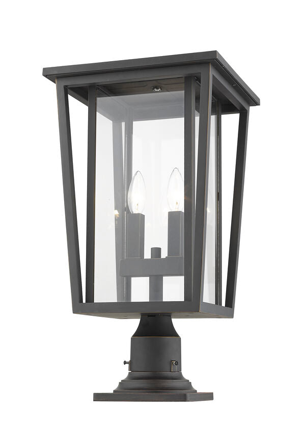 Z-Lite Seoul 11" W x 22" H 2-Light Oil Rubbed Bronze Outdoor Post Mount Fixture and Square Pier Mount With Clear Glass Shade