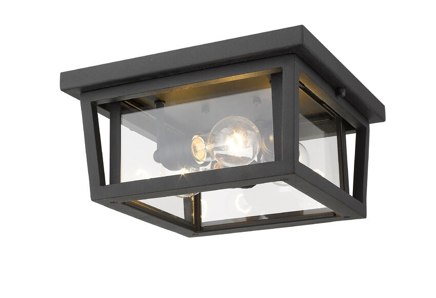 Z-Lite Seoul 12" 3-Light Black Aluminum Outdoor Flush Mount With Clear Glass Shade