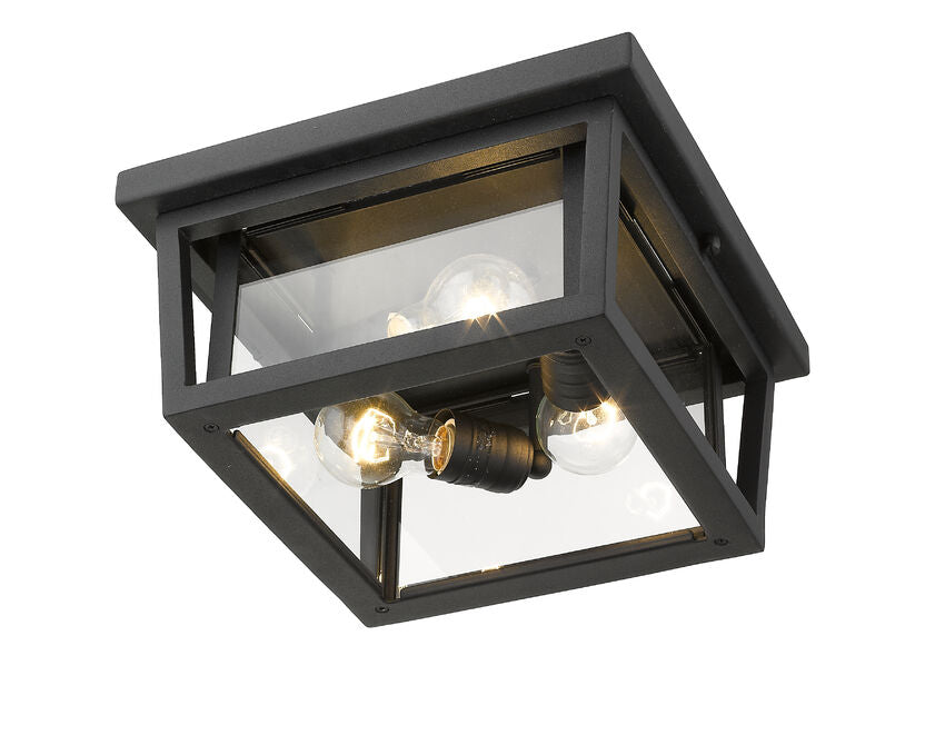 Z-Lite Seoul 12" 3-Light Black Aluminum Outdoor Flush Mount With Clear Glass Shade