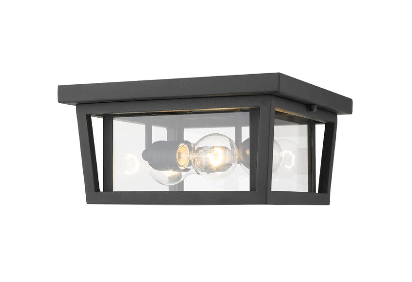 Z-Lite Seoul 12" 3-Light Black Aluminum Outdoor Flush Mount With Clear Glass Shade