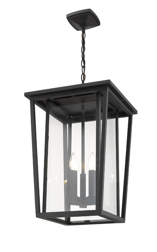 Z-Lite Seoul 14" 3-Light Black Aluminum Outdoor Chain Mount Ceiling Fixture With Clear Glass Shade