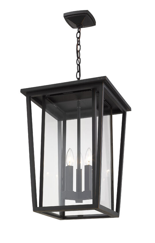 Z-Lite Seoul 14" 3-Light Oil Rubbed Bronze Aluminum Outdoor Chain Mount Ceiling Fixture With Clear Glass Shade