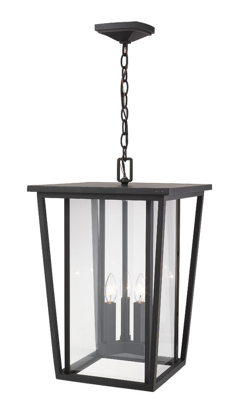 Z-Lite Seoul 14" 3-Light Oil Rubbed Bronze Aluminum Outdoor Chain Mount Ceiling Fixture With Clear Glass Shade