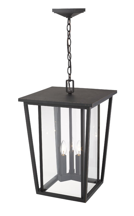 Z-Lite Seoul 14" 3-Light Oil Rubbed Bronze Aluminum Outdoor Chain Mount Ceiling Fixture With Clear Glass Shade