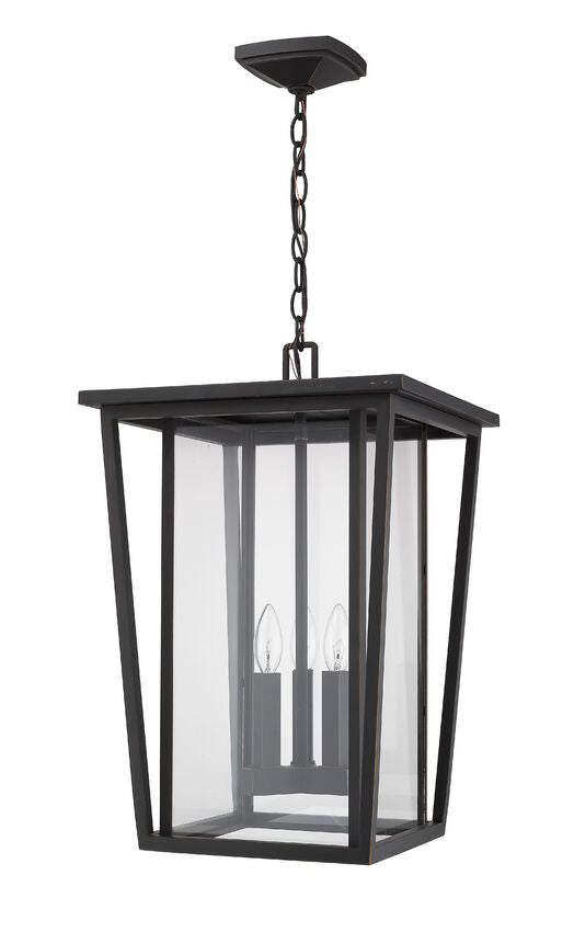 Z-Lite Seoul 14" 3-Light Oil Rubbed Bronze Aluminum Outdoor Chain Mount Ceiling Fixture With Clear Glass Shade