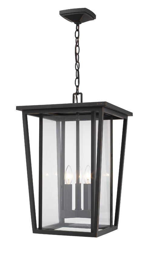 Z-Lite Seoul 14" 3-Light Oil Rubbed Bronze Aluminum Outdoor Chain Mount Ceiling Fixture With Clear Glass Shade
